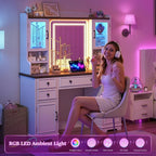 EnHomee Vanity Desk with Mirror and Lights, 43" White Makeup Vanity Desk with 5 Drawers & 2 RGB Glass Cabinets, Adjustable 3 LED Lights for Bedroom, Farmhouse Dressing Table for Women