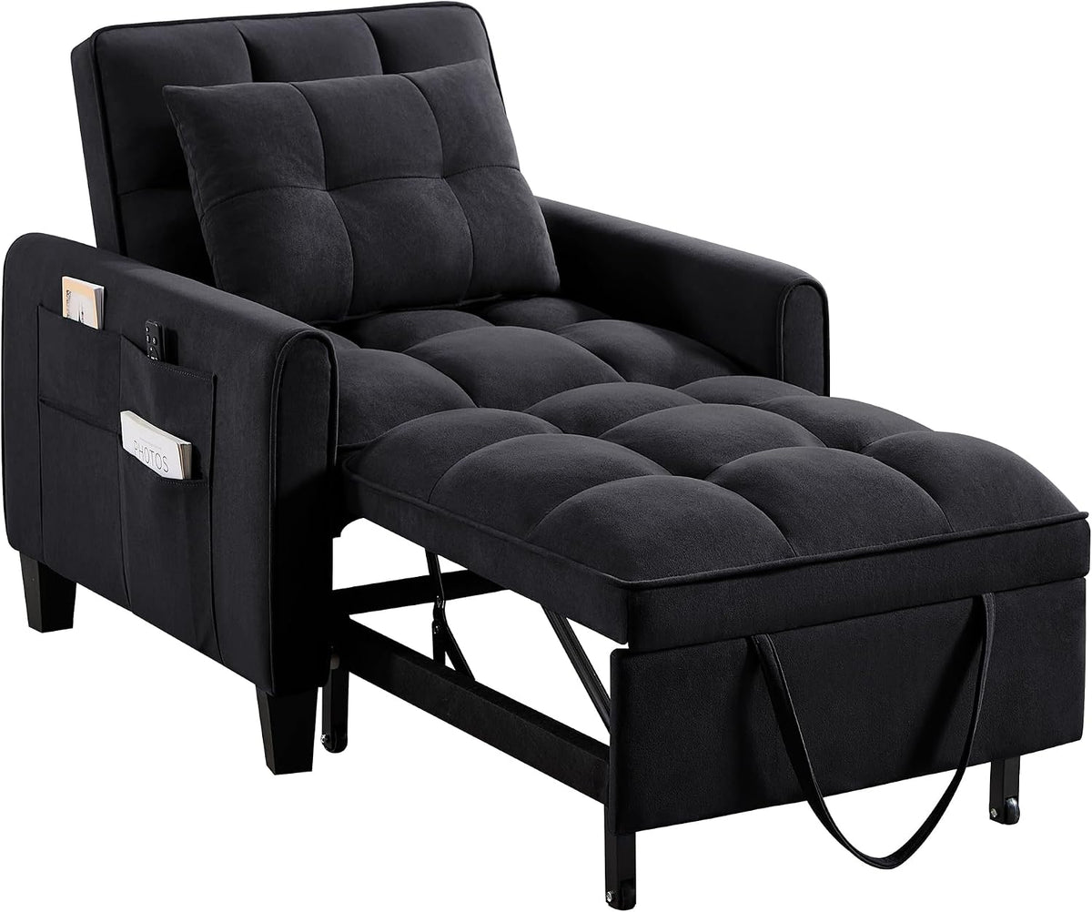 Convertible Sleeper Chair, 3 in 1 Sleeper Chair Bed Pull Out Sofa Bed Chairs, Single Sofa with Adjustable Backrest for Adults Reading Living Room, Bedroom, Velvet Black