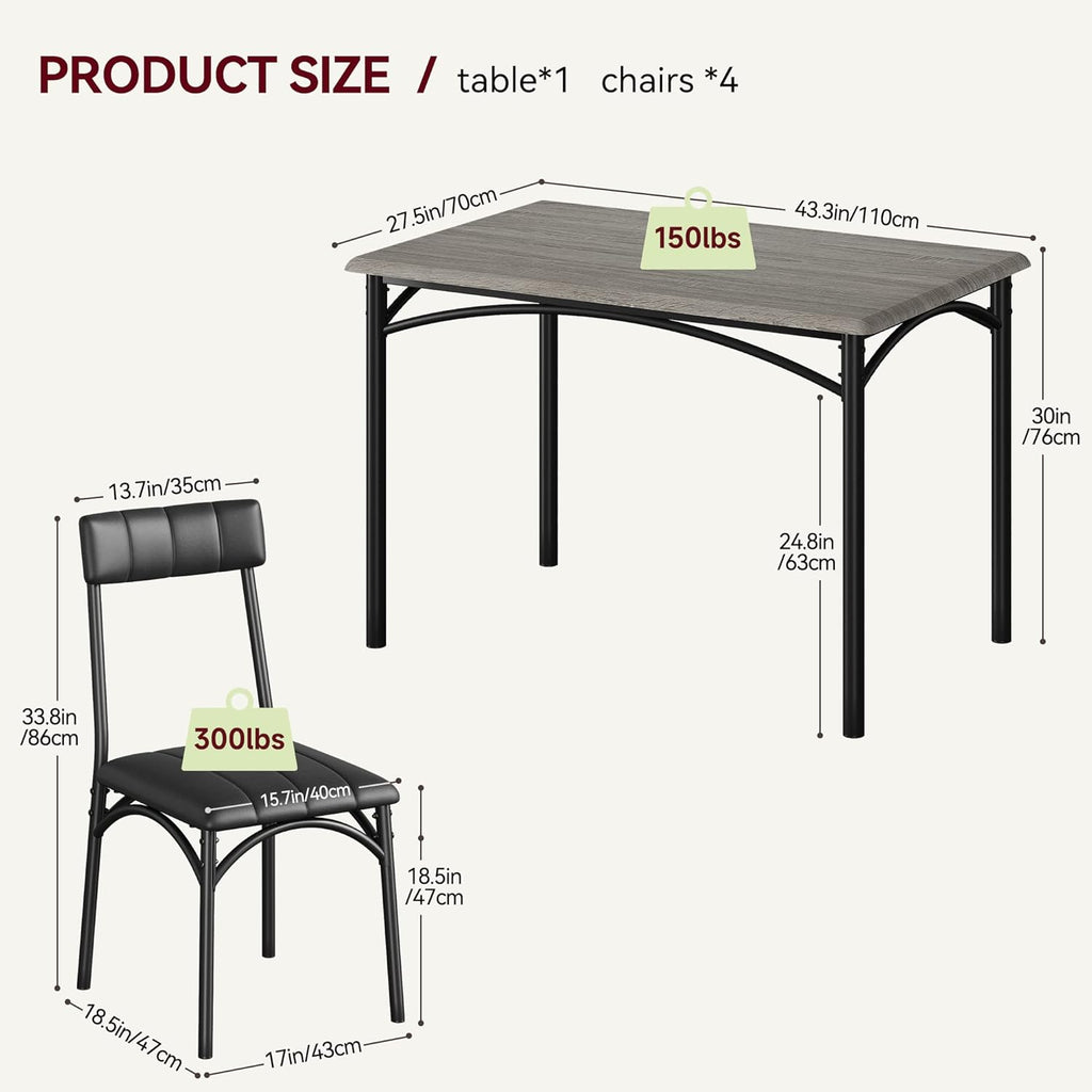 CABIHOME Dining Table Set for 4, Kitchen Table Set for 4, Dining Room Table Set with Upholstered Chairs, Rectangle Kitchen Table Set for Small Space, Apartment, Studio, Gray