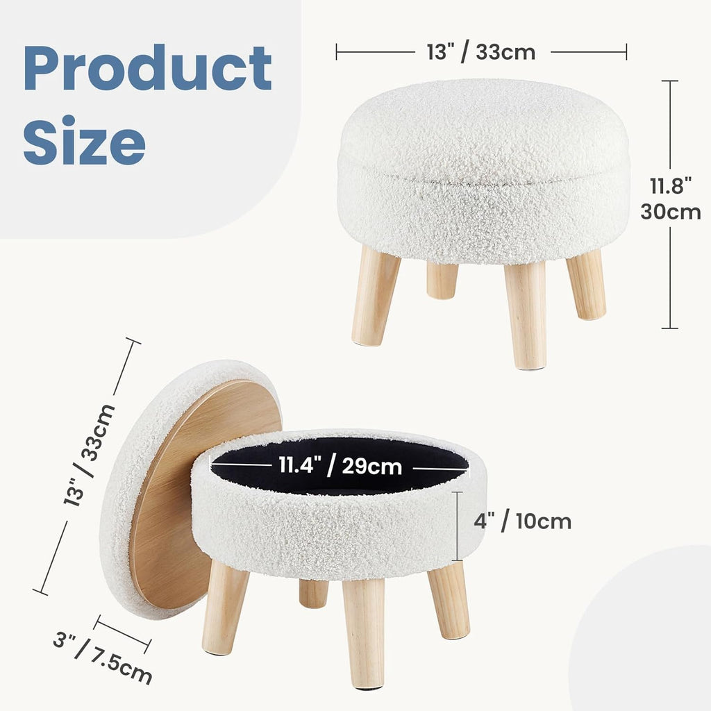 DUMOS Round Storage Ottoman Foot Rest, Compact Boucle Upholstered Footstool with Hidden Storage, Padded Seat, Small Coffee Table for Living Room, Bedroom, Beige