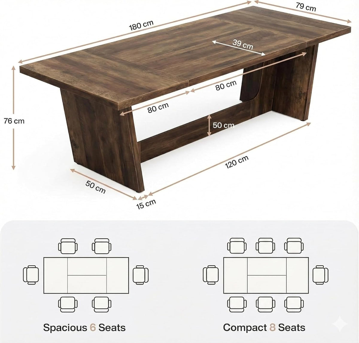 Lailang 71 Inch Dining Table, Rectangular Kitchen Tables, Pedestal Dinner Tables, Rustic Wood Dining Tables, Dining Room Table for 8, Large Table, 71 x 31 x 30 Inch, Rustic Brown