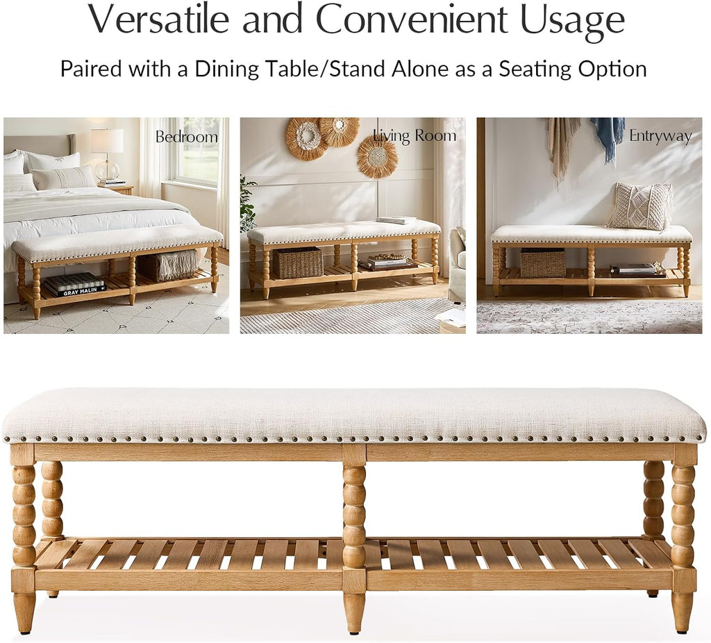 HULALA HOME Entryway Bench with Soild Wood Shelf, 58" Upholstered Shoe Storage Bench with Spindle Legs, Nailhead Trim Detail for Bedroom, Living Room, Hallway, Ivory