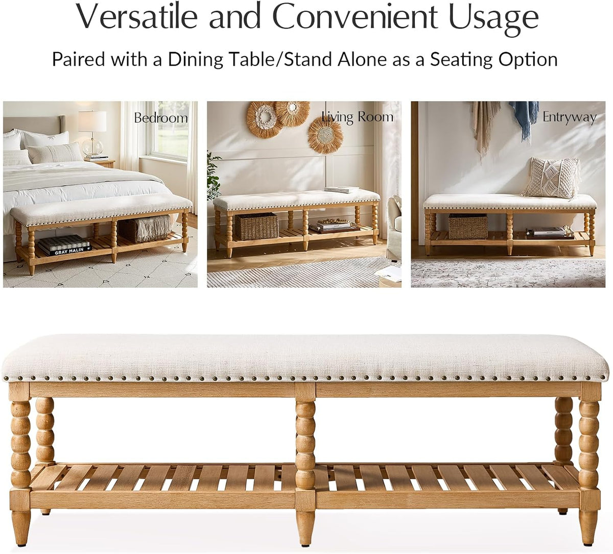 HULALA HOME Entryway Bench with Soild Wood Shelf, 58" Upholstered Shoe Storage Bench with Spindle Legs, Nailhead Trim Detail for Bedroom, Living Room, Hallway, Ivory