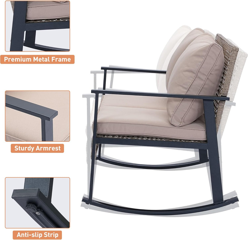 Ainfox Outdoor Wicker Loveseat Rocking Chair, Patio Rattan Rocker Chair with Cushions，All-Weather Modern Cozy Rocking Wicker Furniture for Garden Backyard Porch, Khaki