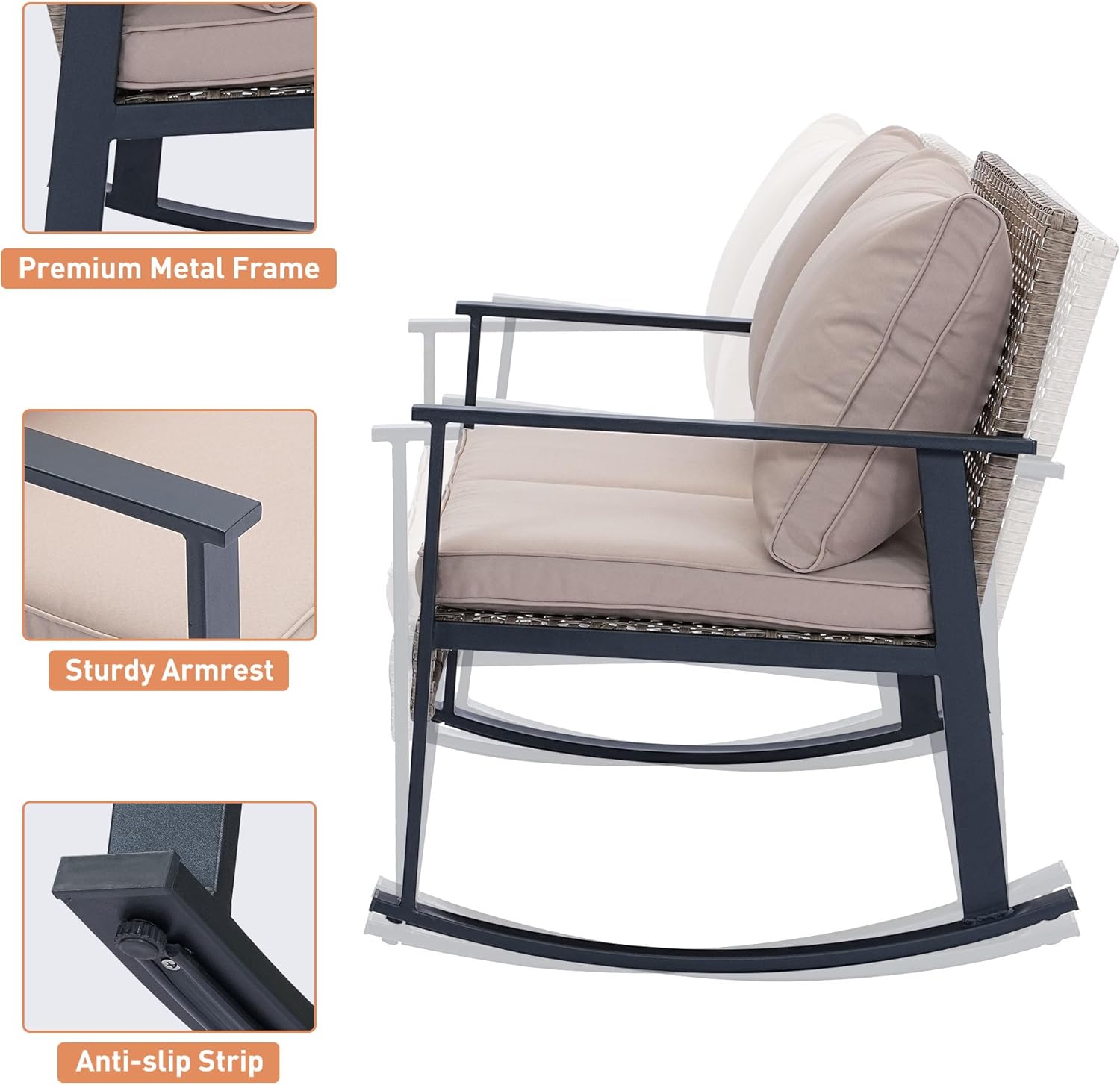 Ainfox Outdoor Wicker Loveseat Rocking Chair, Patio Rattan Rocker Chair with Cushions，All-Weather Modern Cozy Rocking Wicker Furniture for Garden Backyard Porch, Khaki