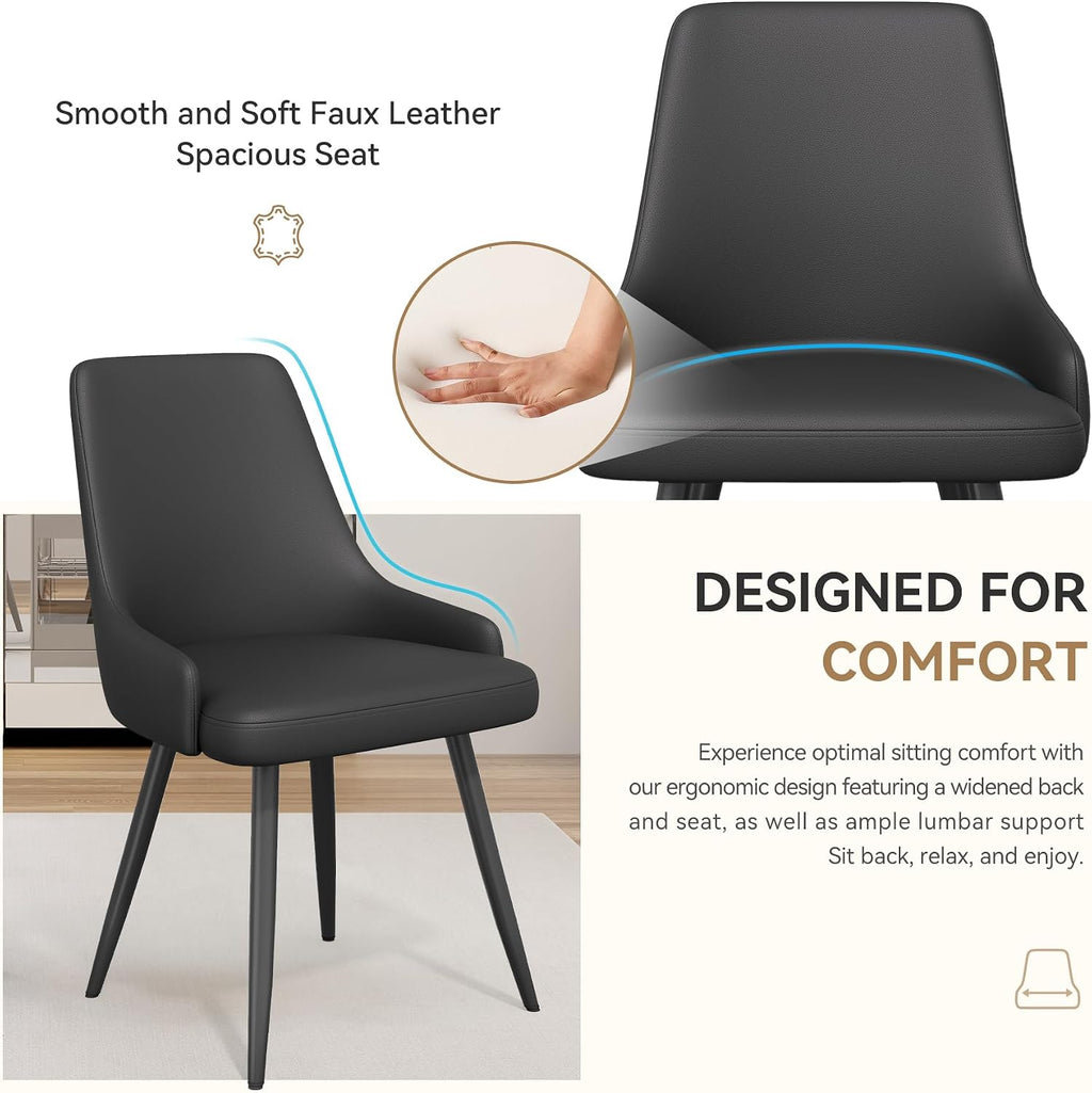 Faux Leather Chairs Set of 4, Waterproof Padded Seat,Black | Modern Dining Chair, Metal Legs, Ergonomic Wide Backrest, Stain Resistant, Easy 10-Min Assembly, Kitchen Living Room