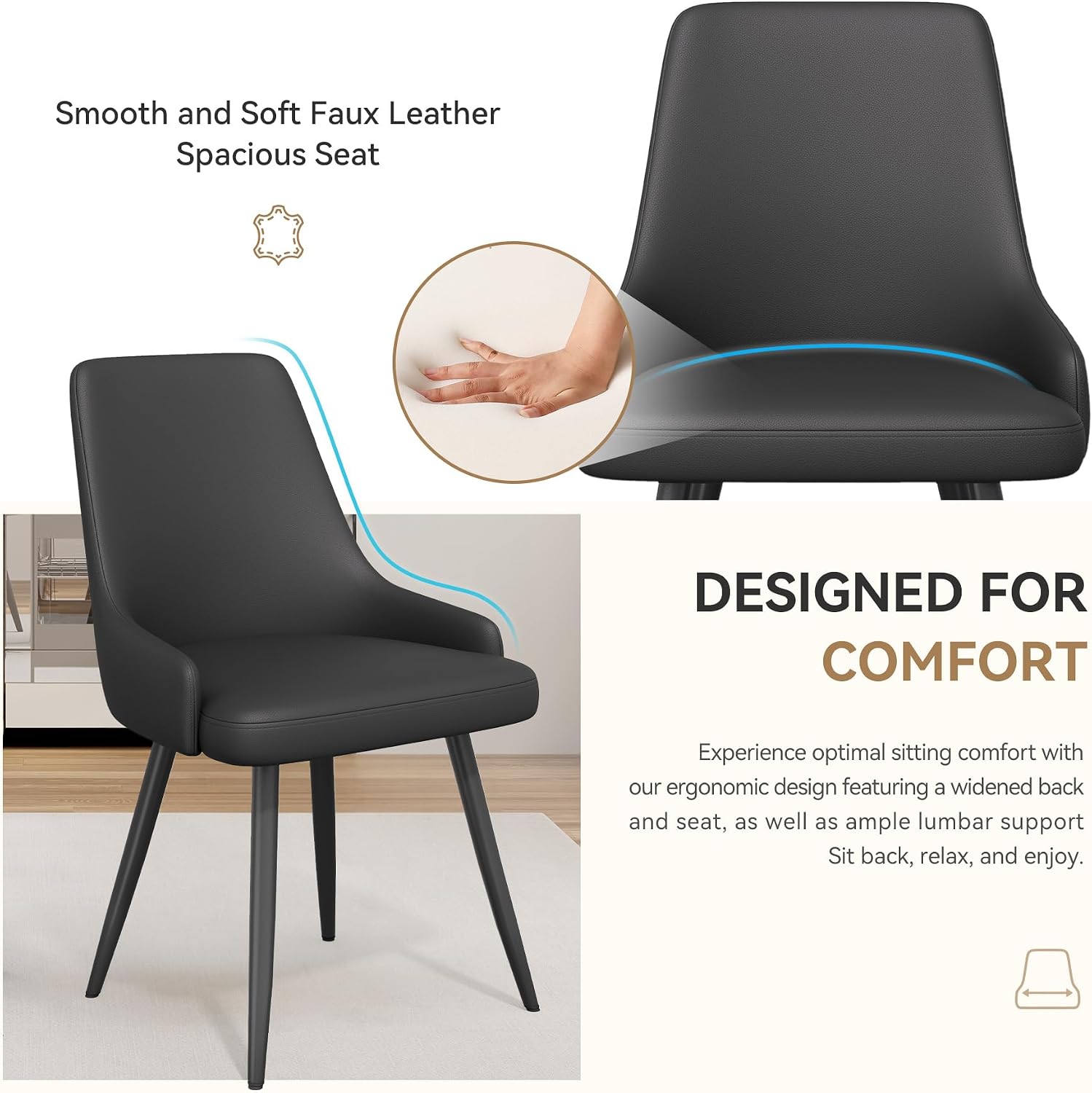 Faux Leather Chairs Set of 4, Waterproof Padded Seat,Black | Modern Dining Chair, Metal Legs, Ergonomic Wide Backrest, Stain Resistant, Easy 10-Min Assembly, Kitchen Living Room