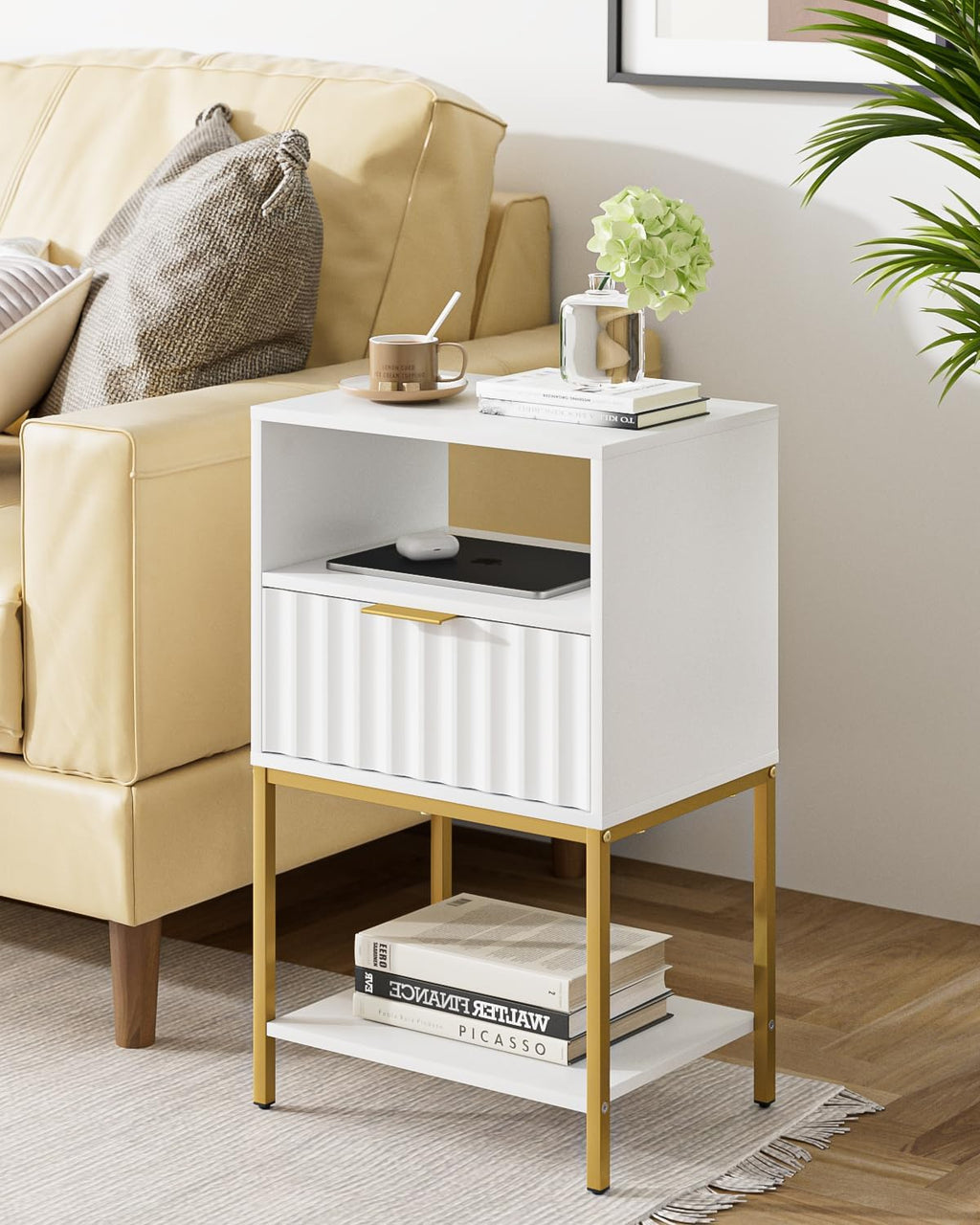 Nightstand,Modern Bedside Table with One Drawer and Two Shelf，White Night Stand，Tall End Table with Gold Frame for Bedroom,Living Room,Wave