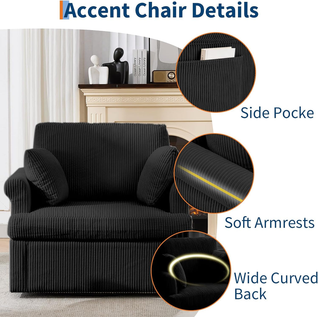 Garvee 39" Modern 360 °Swivel Accent Chair,Large Corduroy Accent Chairs with 2 Pillows,Comfy Upholstered Round Armchair Single Sofa for Living Room,Bedroom,Office,Reading,Black