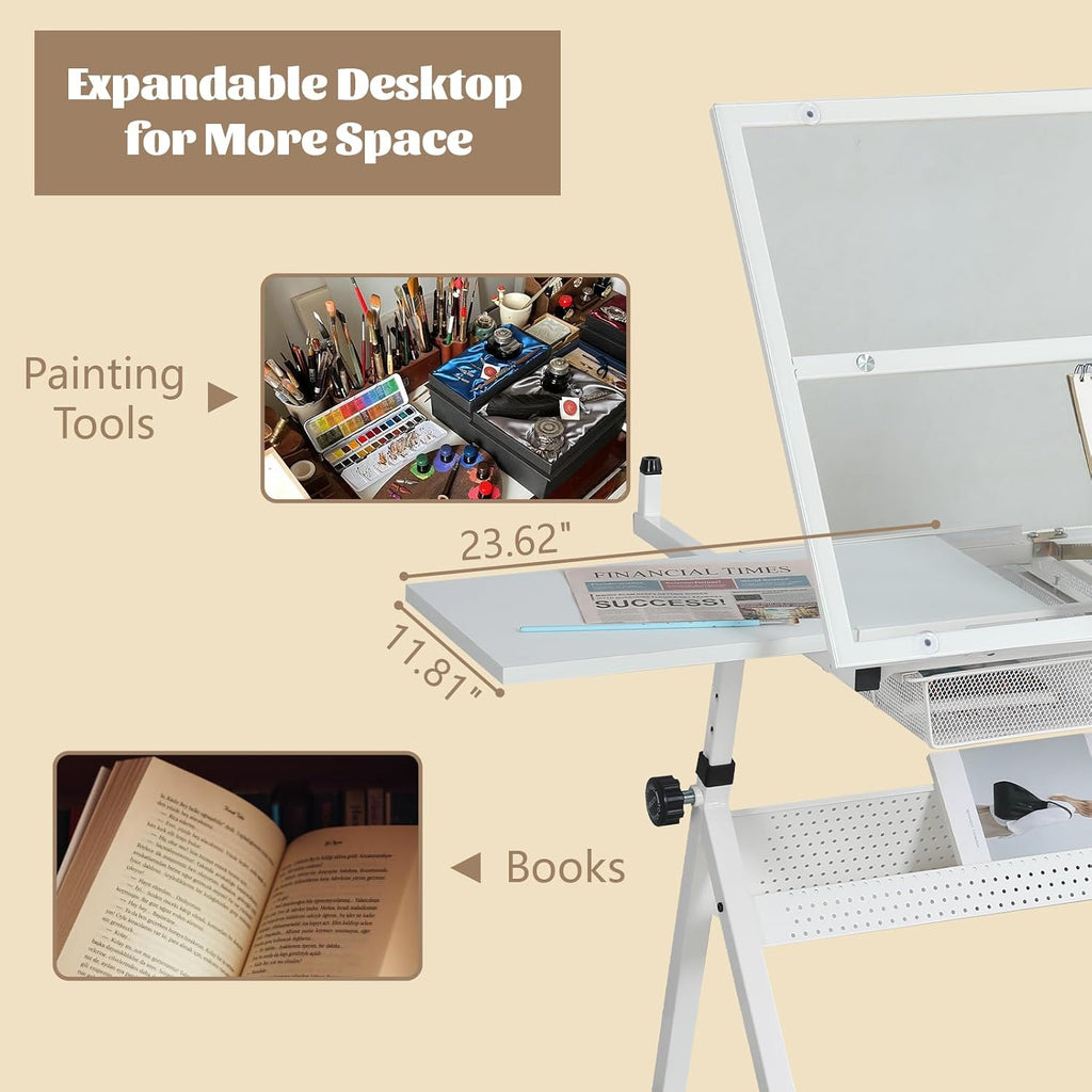 Height Adjustable Drafting Table Desk w/Stool, Tempered Glass Top | Art Craft Drawing Workstation 2 Storage Drawers , Ergonomic , for Painting, Crafting, Architecture Design, Home Studio