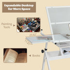 Height Adjustable Drafting Table Desk w/Stool, Tempered Glass Top | Art Craft Drawing Workstation 2 Storage Drawers , Ergonomic , for Painting, Crafting, Architecture Design, Home Studio
