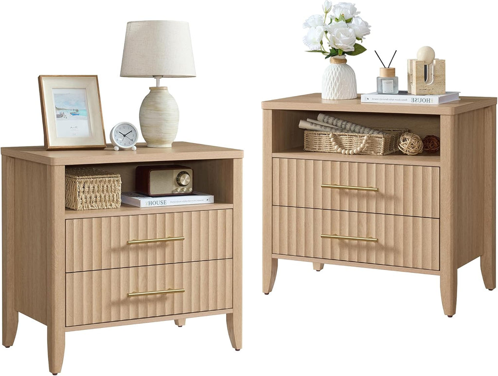 Fluted Nightstand with 2 Drawers, 27" Modern Nightstands Set of 2 with Storage, Large Queen Size Bed Side Table and End Table for Bedroom, Living Room, Office,(Natural Oak,2 Pieces)