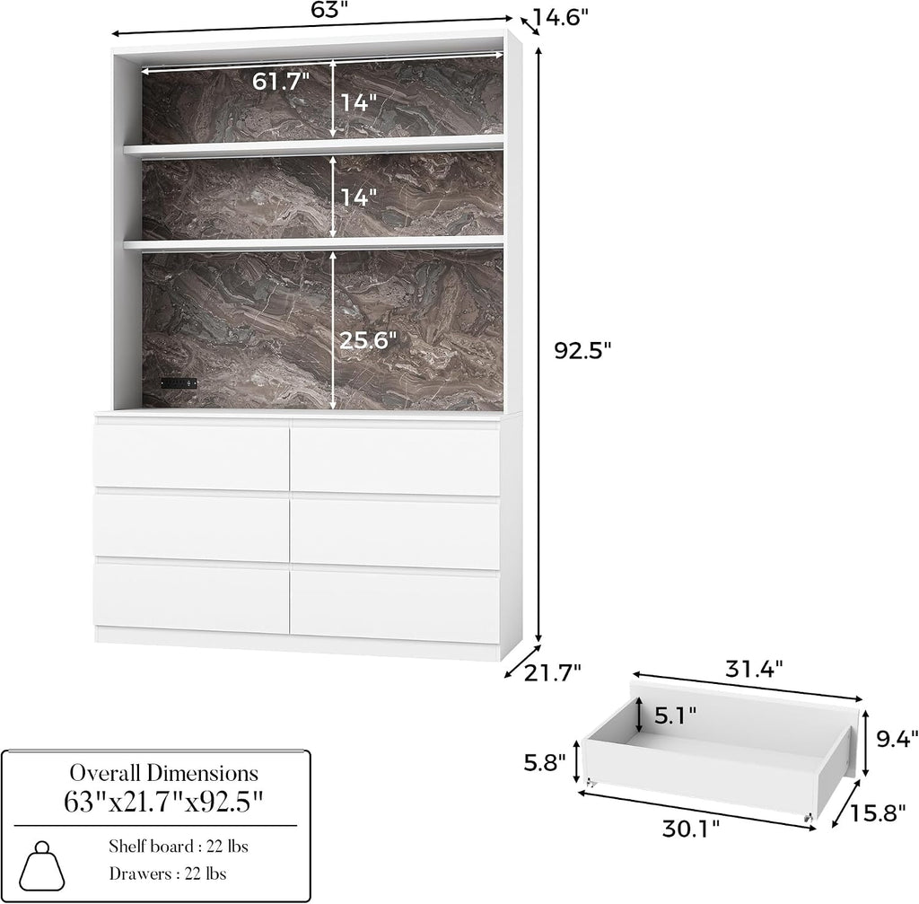 Homsee 92.5" H Lighted Kitchen Pantry Cabinet with 6 Drawers & Charging Station, Kitchen Cupboard w/3-Color LED Lights & Stone-Patterned Back, Storage Cabinet w/Countertop, 63" W Cream White