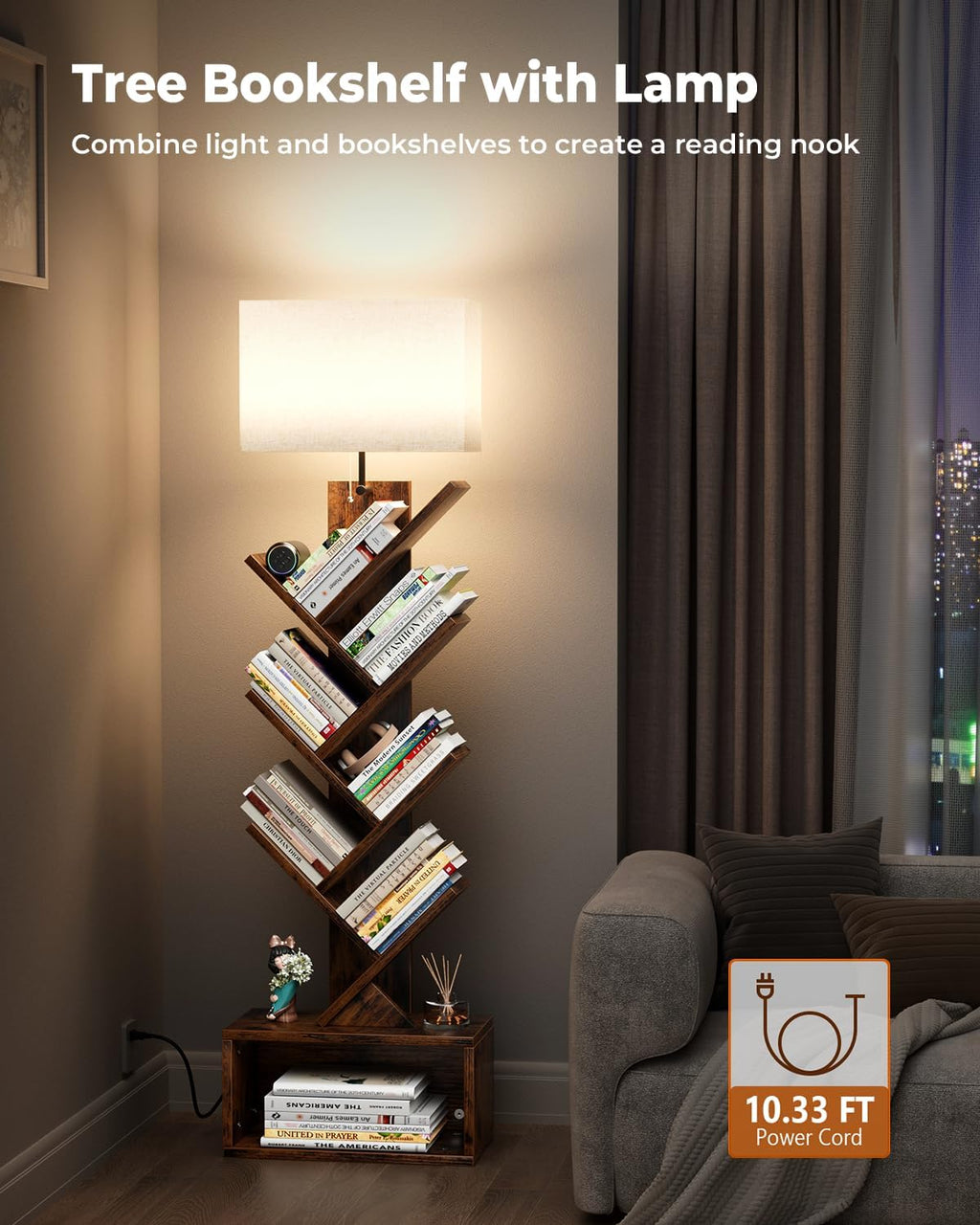 Evermagin 6 Tier Tree Bookshelf with Light, Bookcase, Rustic Brown | Narrow Tower Design, Storage Cabinet for Book Organization, Tall Floor Standing Use, Living Room, Bedroom and Home Office