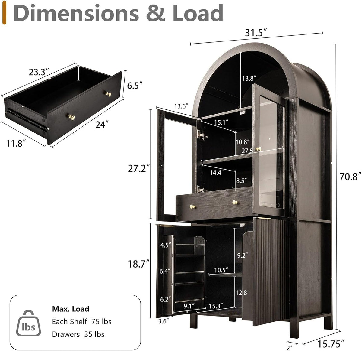 71" Tall Arched Pantry Cabinet with Glass Doors, Fluted Kitchen Storage Cabinet with Adjustable Shelves & Hidden Drawer, Freestanding Display Cabinet for Kitchen, Black