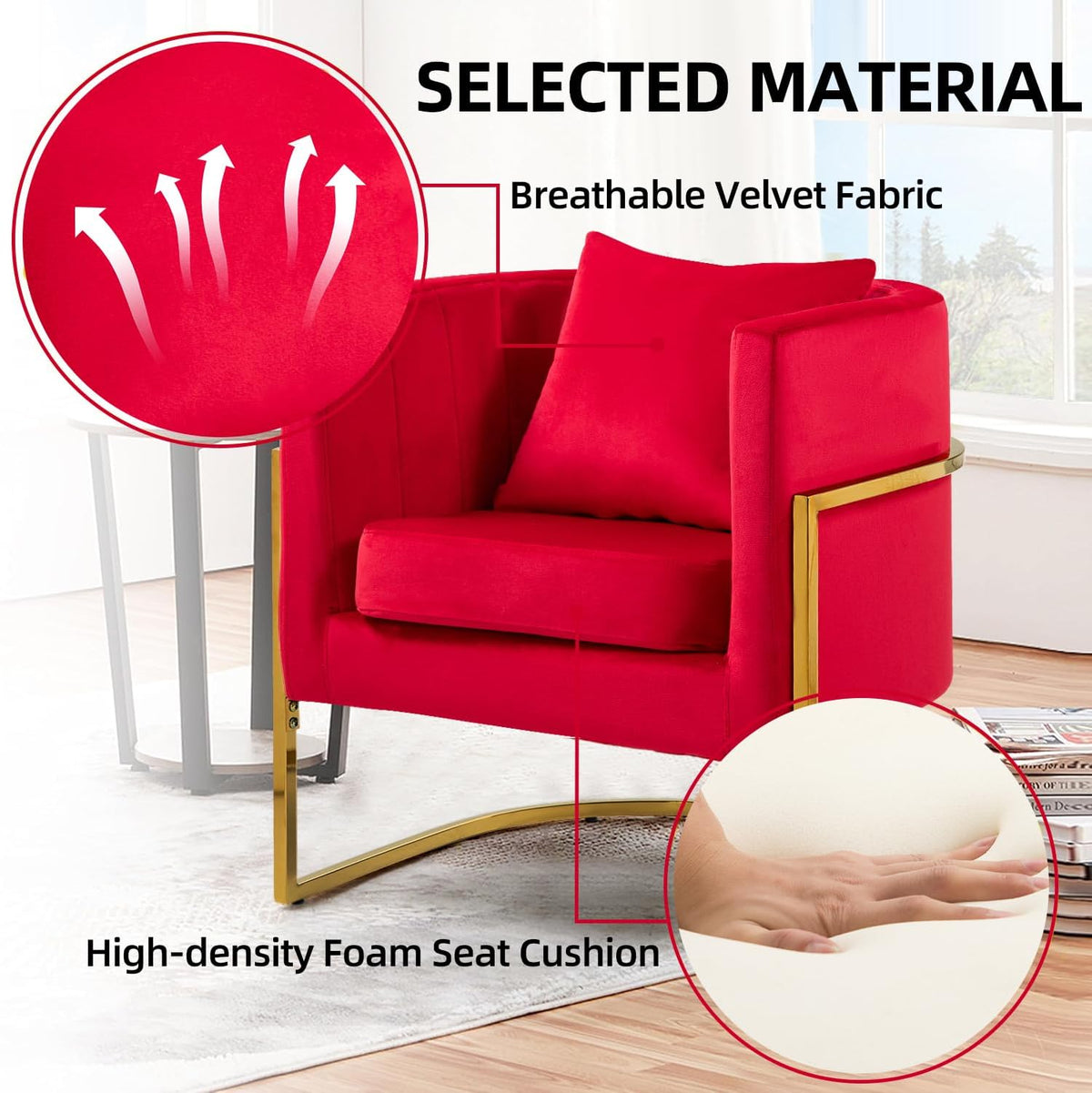 Velvet Accent Barrel Chairs Set of 2, Modern Arm Club Chair Set with Pillow for Living Room/Bedroom/Guest Reception, Channel Tufted, Gold Finish Base, Red