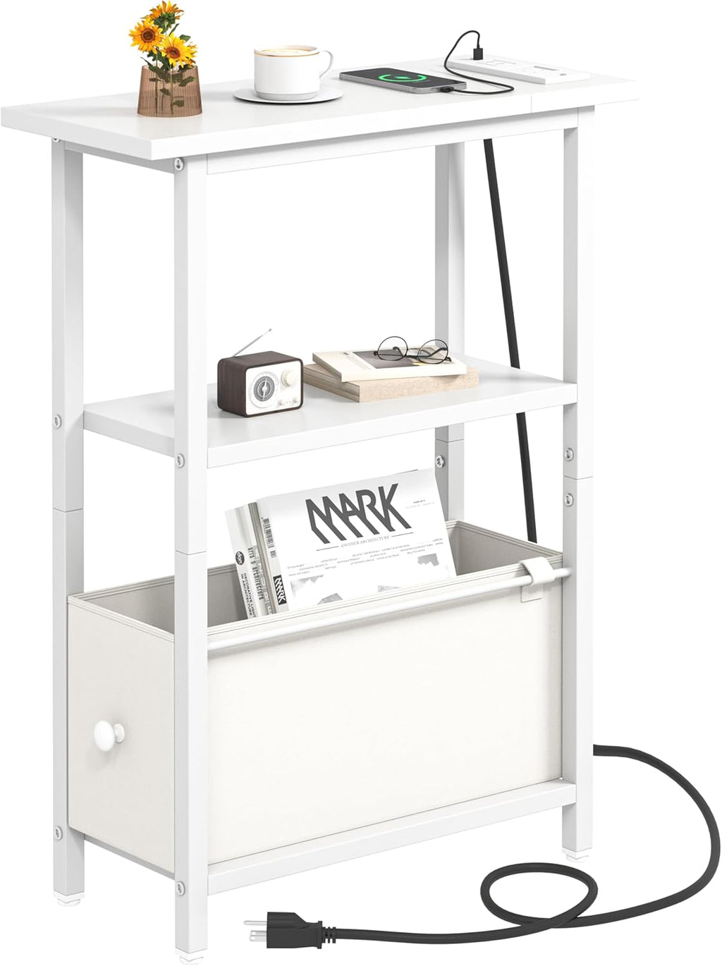 Narrow Side Table with Charging Station, Skinny End Table for Small Spaces, Thin Sofa Side Table with 1 Fabric Drawer, Slim Nightstand for Living Room, Bedroom, White
