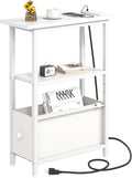 Narrow Side Table with Charging Station, Skinny End Table for Small Spaces, Thin Sofa Side Table with 1 Fabric Drawer, Slim Nightstand for Living Room, Bedroom, White