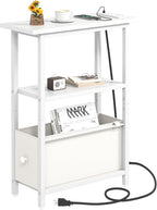 Narrow Side Table with Charging Station, Skinny End Table for Small Spaces, Thin Sofa Side Table with 1 Fabric Drawer, Slim Nightstand for Living Room, Bedroom, White