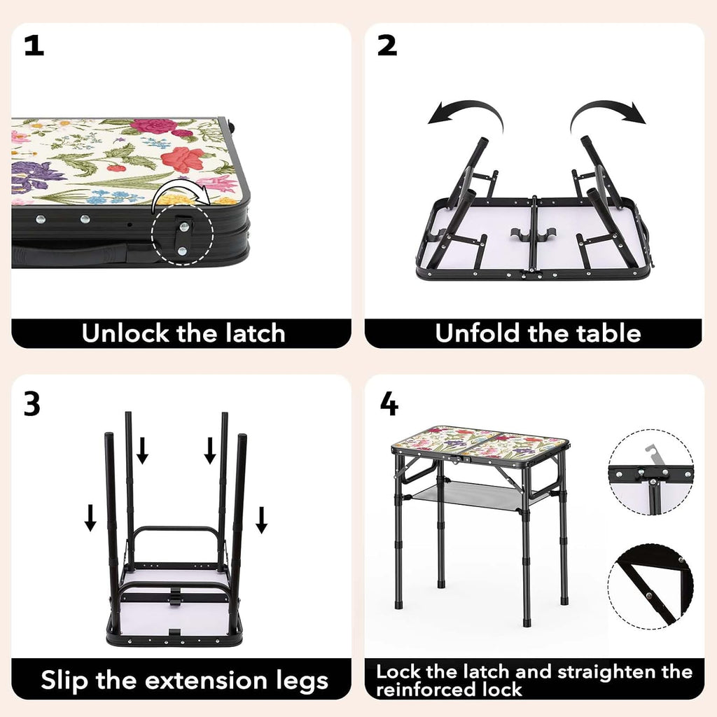 YihuiKo Small Camping Table, Vintage French Flowers Pattern Folding Table | Adjustable Height, Lightweight Portable Folding Table for Patio Living Room Travel Picnic, Carry Handle, Storage Net