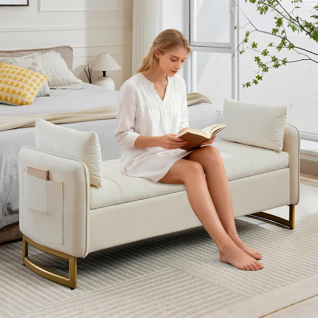 66" End of Bed Storage Bench King Size, Velvet Storage Benches for Bedroom Foot of Bed, Upholstered Storage Ottoman Bench with Golden Legs and Pillow for Living Room Window Entryway, Cream