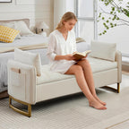 66" End of Bed Storage Bench King Size, Velvet Storage Benches for Bedroom Foot of Bed, Upholstered Storage Ottoman Bench with Golden Legs and Pillow for Living Room Window Entryway, Cream