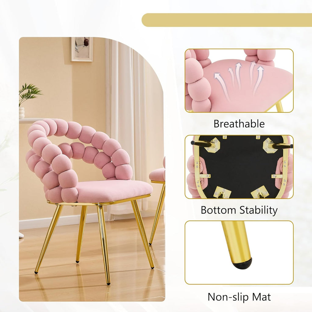 TesNus Velvet Dining Chairs Set of 4, Pink Upholstered Velvet Chairs with Gold Metal Legs, Modern Armchairs with Curved Backrest for Dining Room, Living Room, or Makeup Vanity