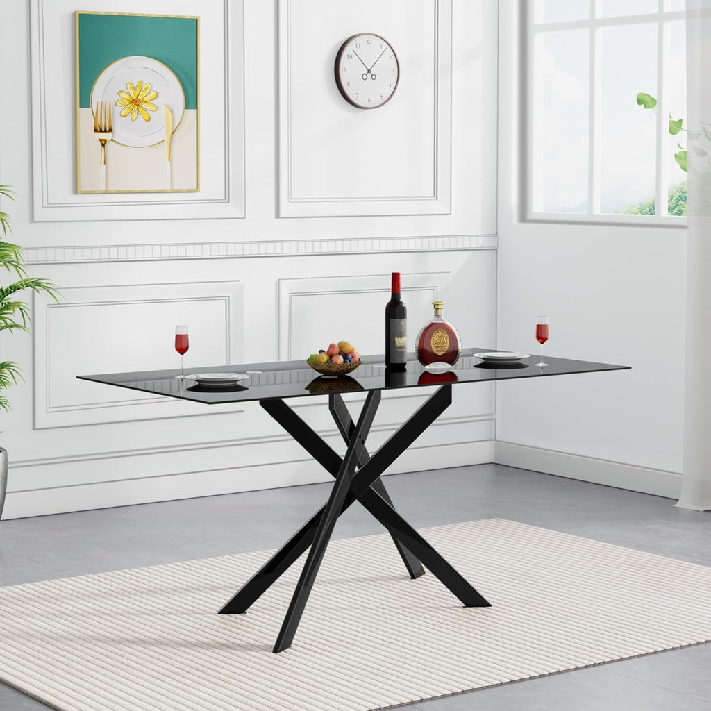 Modern Black Glass Dining Table Set for 6, Glass Kitchen Table and Chairs Set of 6, 7 Piece Dining Table Set with 51" Rectangle Dinner Tables and 6 PU Leather Dining Chairs