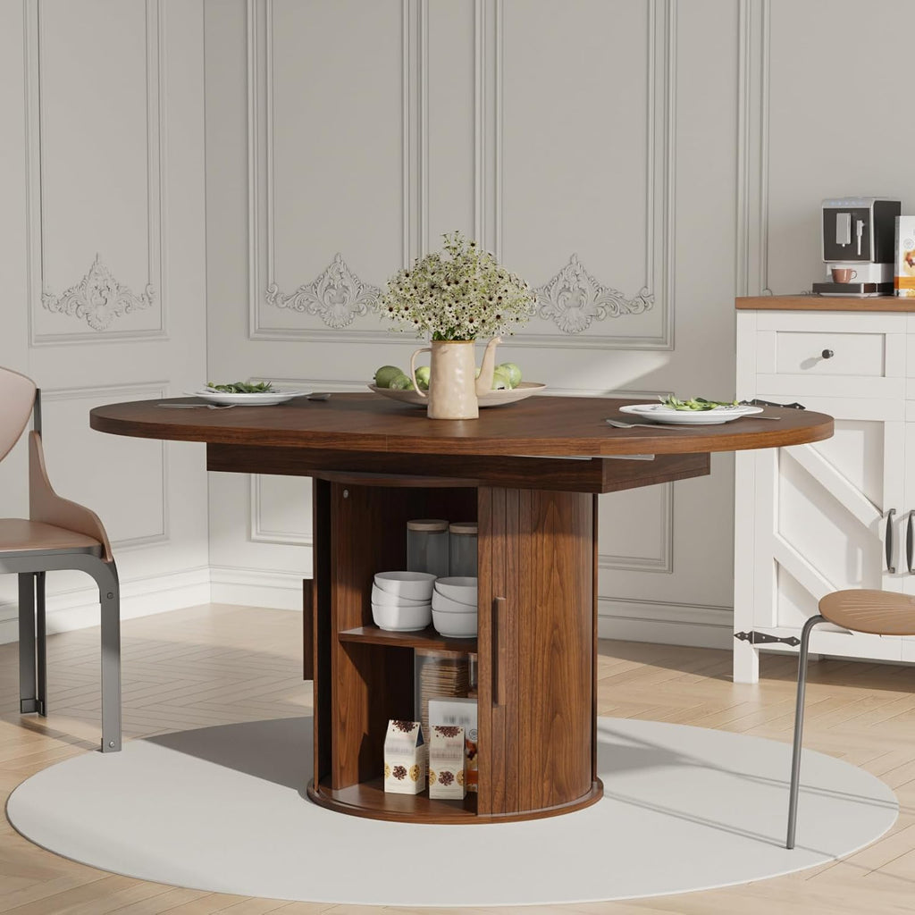 43"-59" Extendable Dining Room Table for 4-8, Round Expandable Kitchen Table with Fluted Sliding Door Cabinet, Modern Farmhouse Oval Dinner Tables for Dining Room Kitchen Living Room,Walnut
