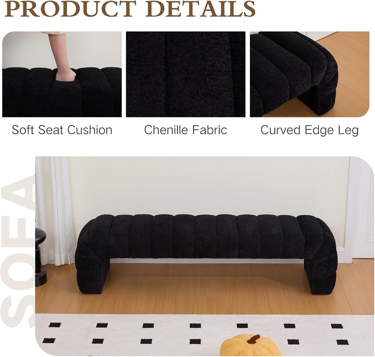 Chifee & Vingol 69.7" W Modern Living Room Bench Upholstered Bedroom Benches End of Bed Bench for Entryway, Dining Room and Living Room,Black