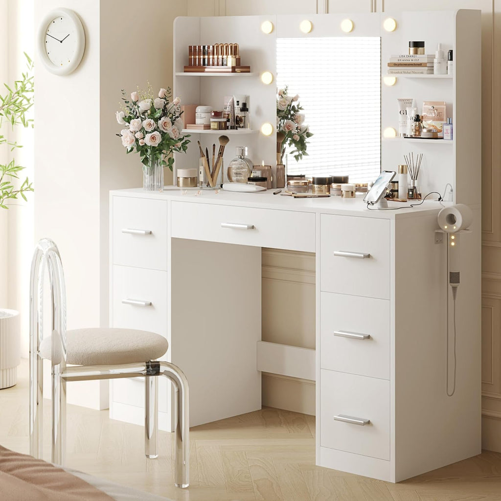YESHOMY Vanity Desk with Mirror, Outlet, 10 Lights & 7 Drawers,Pure White | Lighted Mirror with 3 Color Modes,Makeup Table,Large Storage Capacity,Available for bedroom