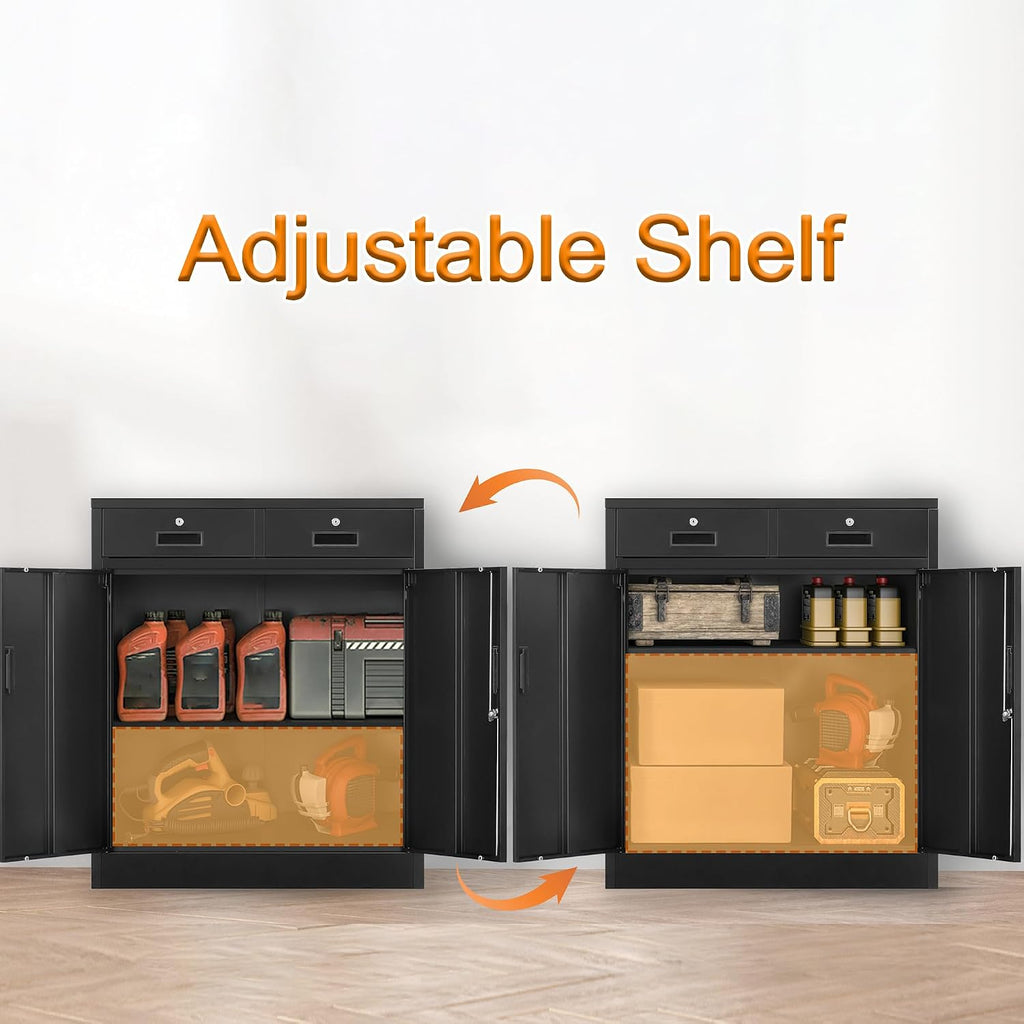 Wanfu Metal Storage Cabinet, 36" H Locking Storage Cabinet with 2 Drawers and Adjustable Shelf, Metal Cabinets for Office, Garage, Home-Black
