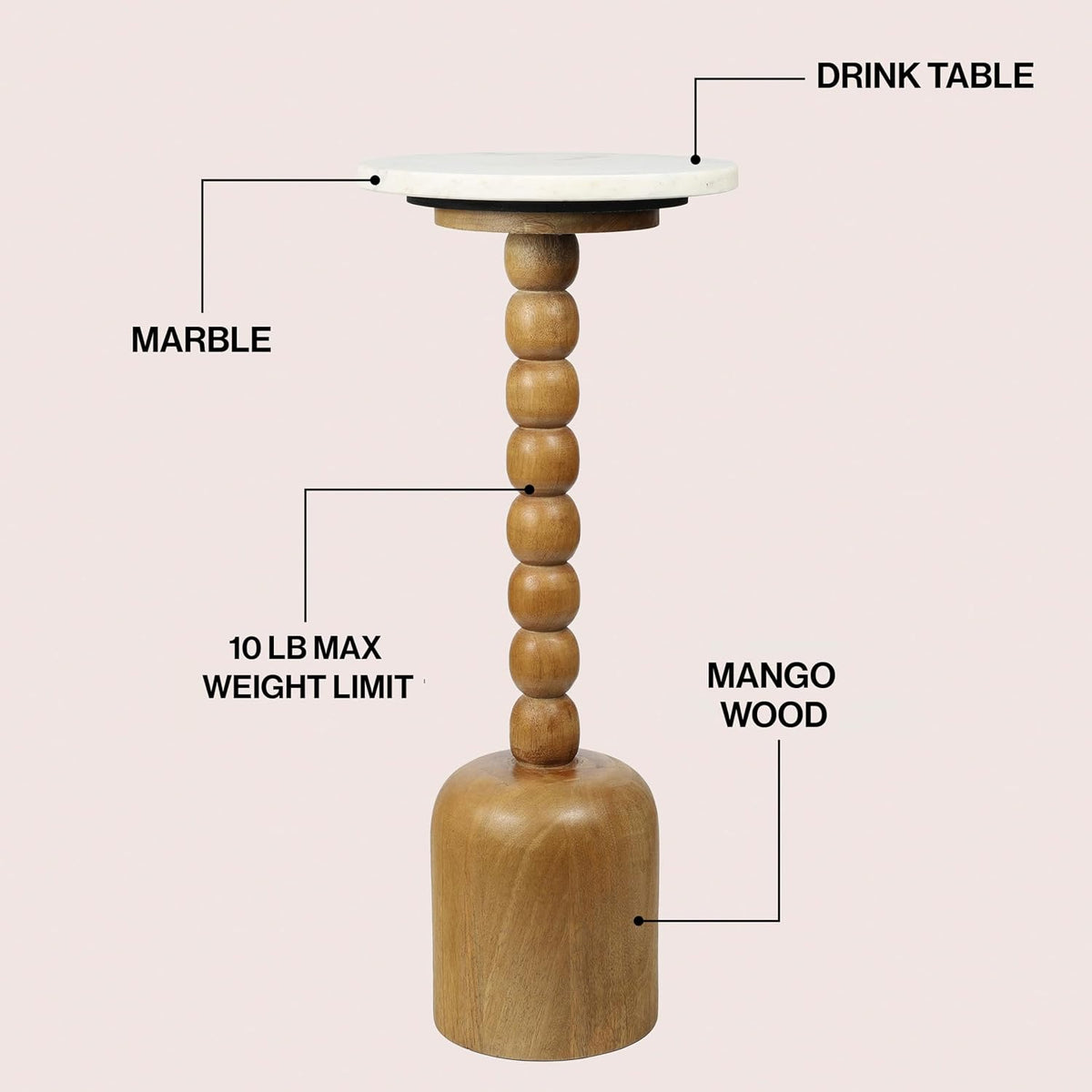 JONATHAN Y Turner Natural Mango Wood Round Drink Table, 24.5" Tall Pedestal Accent Martini Table with Bobbin Spool Leg for Small Spaces, Living Room and Bedroom, White & Natural END3002A