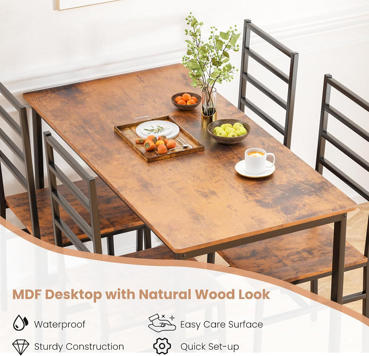 Kitchen Dining Table Set for 4, 5-Piece Kitchen Table and Chairs, Base Reinforcement Structure Dining Room Table Sets, Dining Table with 4 Chairs for Small Space, Dinette, Apartment