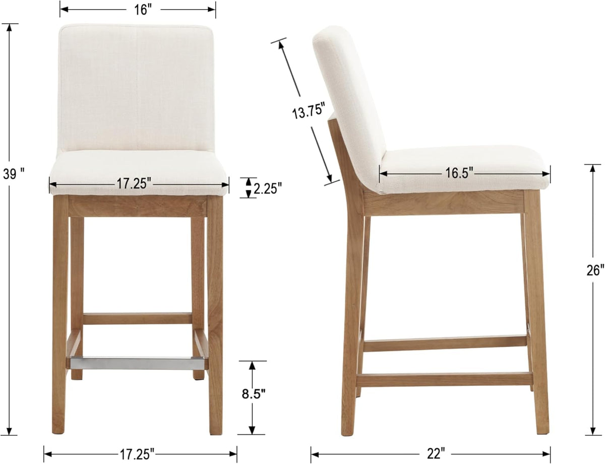 Kmax 30 Inch Bar Stools Set of 2 with Back Support, Linen, Cream | Farmhouse, Wooden Frame, Armless, Upholstered