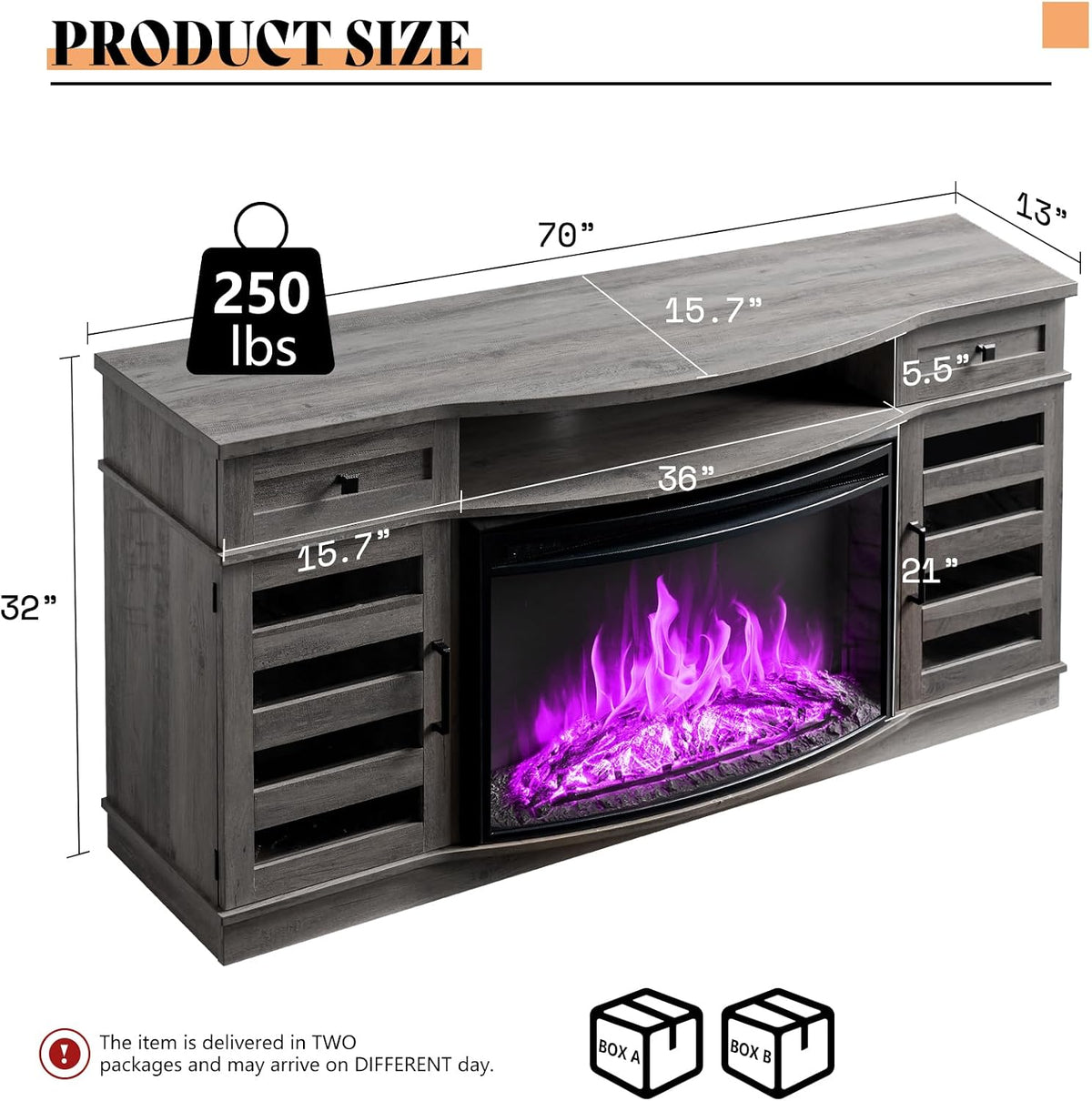 AMERLIFE 70" Fireplace TV Stand with 36'' Curved Electric Fireplace | Wash Gray LED TV Console, Farmhouse Living Room Entertainment Center, 2 Drawers & Adjustable Shelves, Fit TVs up to 80"