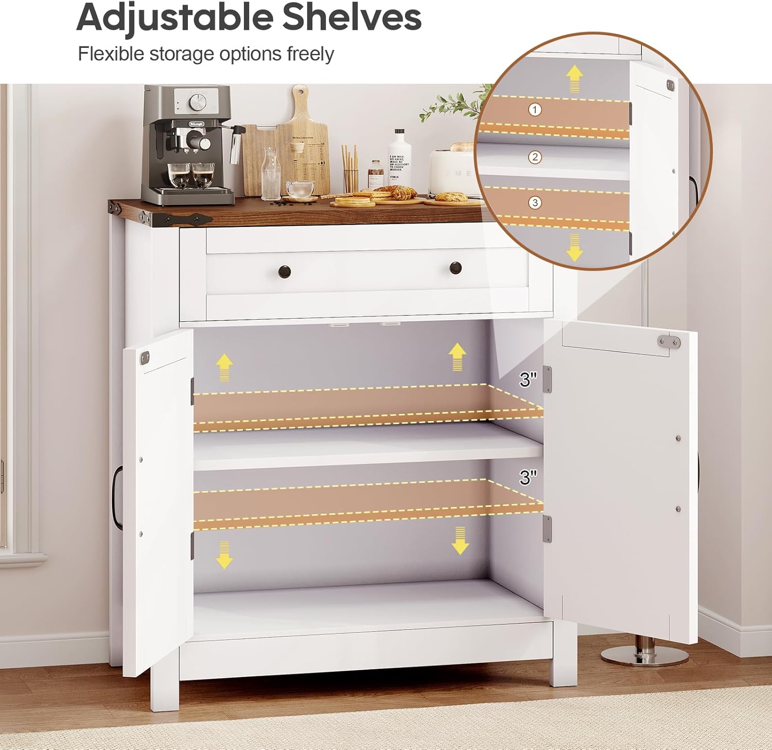 GRUSIGN 30" Coffee Bar Station, Kitchen Sideboard Buffet Cabinet with a Drawer and Adjustable Shelf, Modern Farmhouse Storage Cabinet for Kitchen, Living Room, Entryway, White