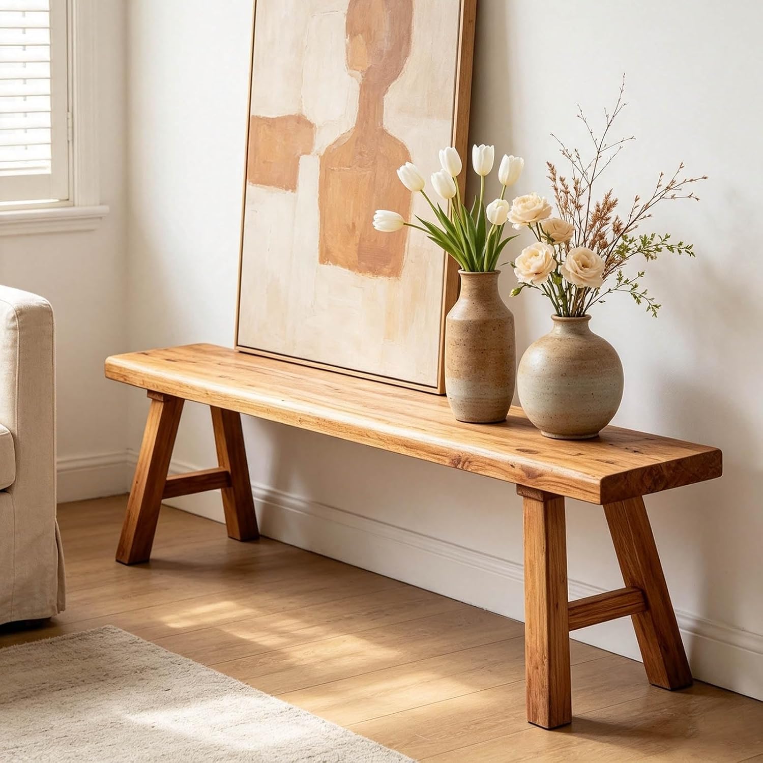 Narrow Entryway Bench Farmhouse Wood End of Bed Bench 20" 32" 39" 47" 55" 63" 71" 79" Sturdy Stable Skinny Long Benchs for Bedroom Hallway Dining Room Porch Easy to Assemble Natural Finish(39")