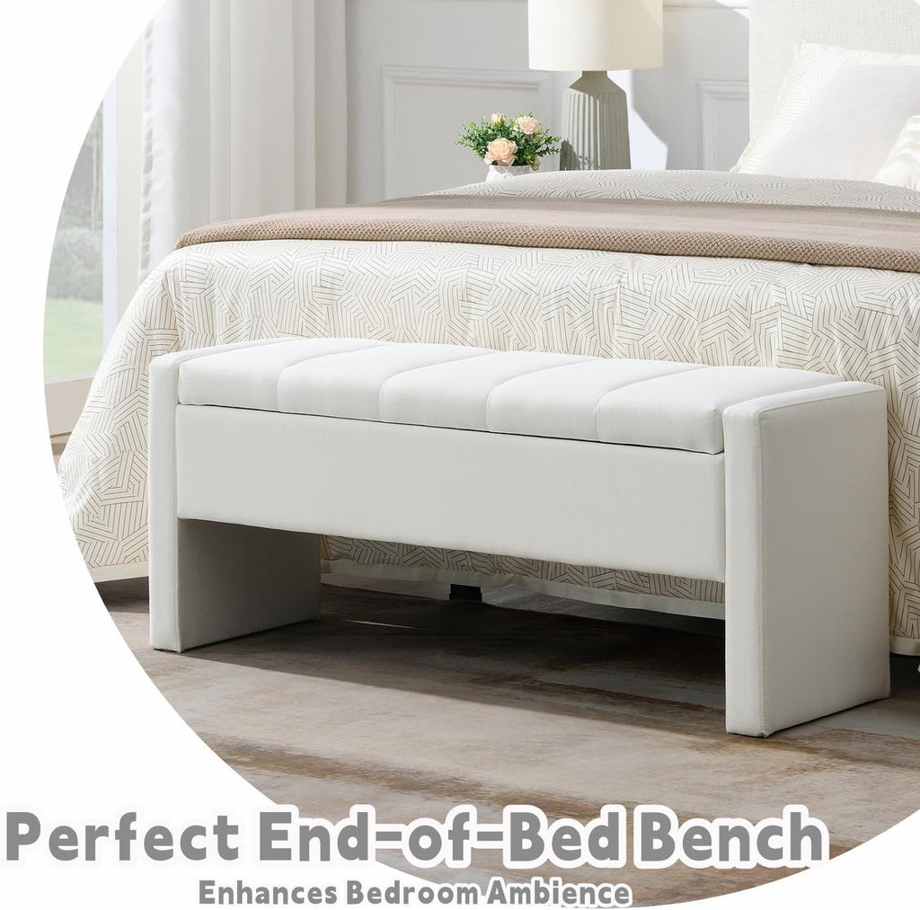 47.25'' Ottoman with Storage, End of Bed Storage Bench, Entryway Bench - Linen Upholstered Multi-Functional Footrest for Bedroom, Living Room, Dorm & Window Bench (A-White)