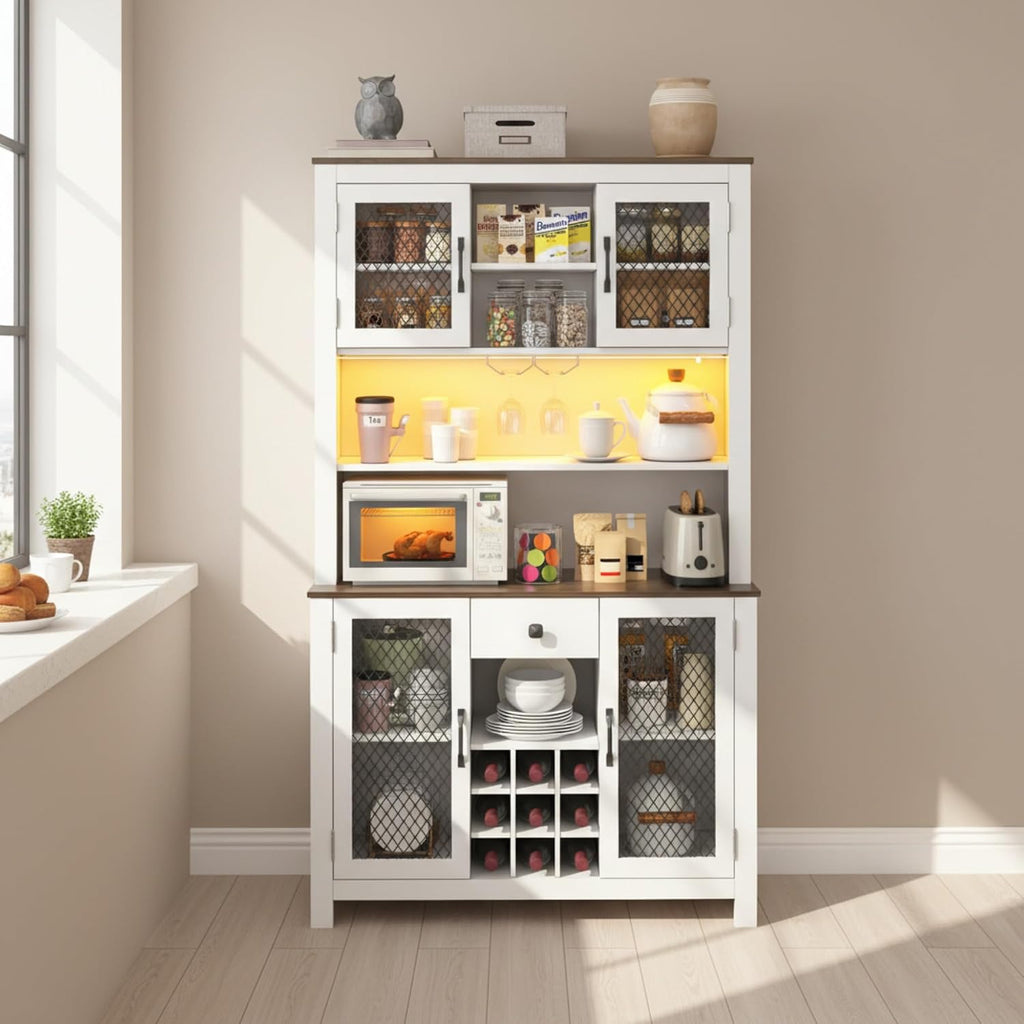 Homy Casa 71" Tall Pantry Cabinet with Hutch 47.1" Wide Buffet Sideboard with Wine Rack Glass Holders Drawer LED Lights and Charging Station for Kitchen Dining Room and Living Room