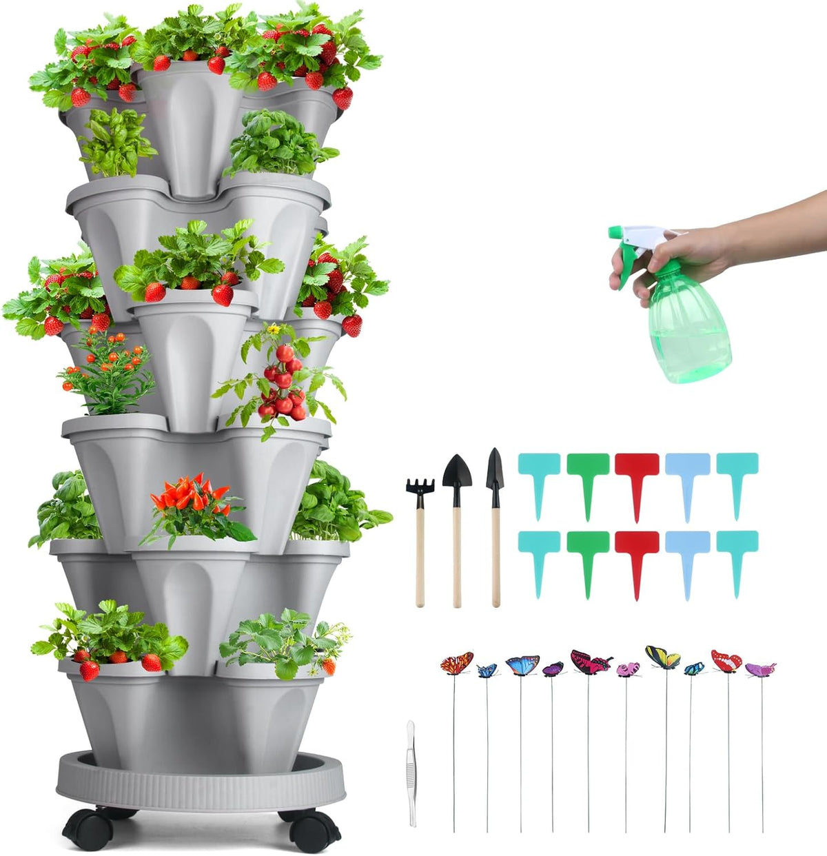 Vertical Planter, 6 Tier Stackable Strawberry Planter with Garden Tool Set, Movable Indoor/Outdoor Garden Herb Pot for Growing Vegetables and Succulents, Gray
