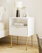 Aienvey Night Stand, Modern Nightstand with Drawers, Bedside Table, Gold Small Side Table for Bedroom, Living Room End Table (White Stripe, 1 Drawer)