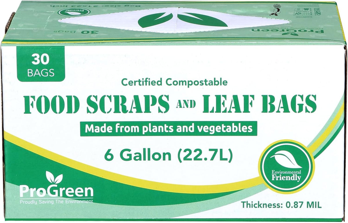 ProGreen Compostable Trash Bags, Extra Thick, Compost Kitchen Bin Bags, Food Scraps Yard Waste Bags, ASTM D6400 BPI and TÜV AUSTRIA Certified (6 Gallon, Pack of 30)