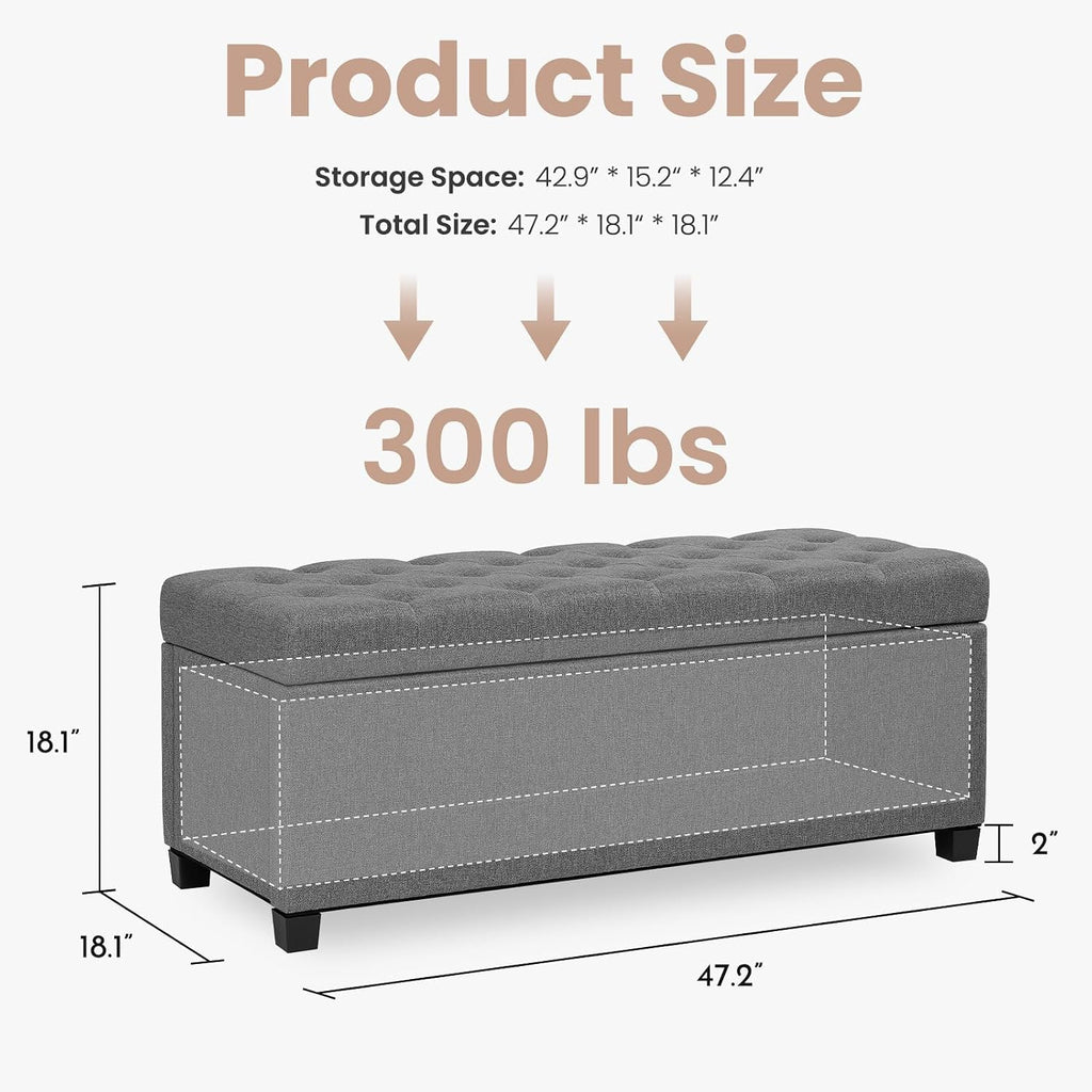 Living&Giving Storage Ottoman Bench for Bedroom, 47.2", Grey | 47.2-inch storage ottoman with safety hinge, tufted upholstered seat and spacious hidden storage for everyday organization.