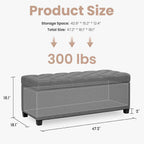 Living&Giving Storage Ottoman Bench for Bedroom, 47.2", Grey | 47.2-inch storage ottoman with safety hinge, tufted upholstered seat and spacious hidden storage for everyday organization.