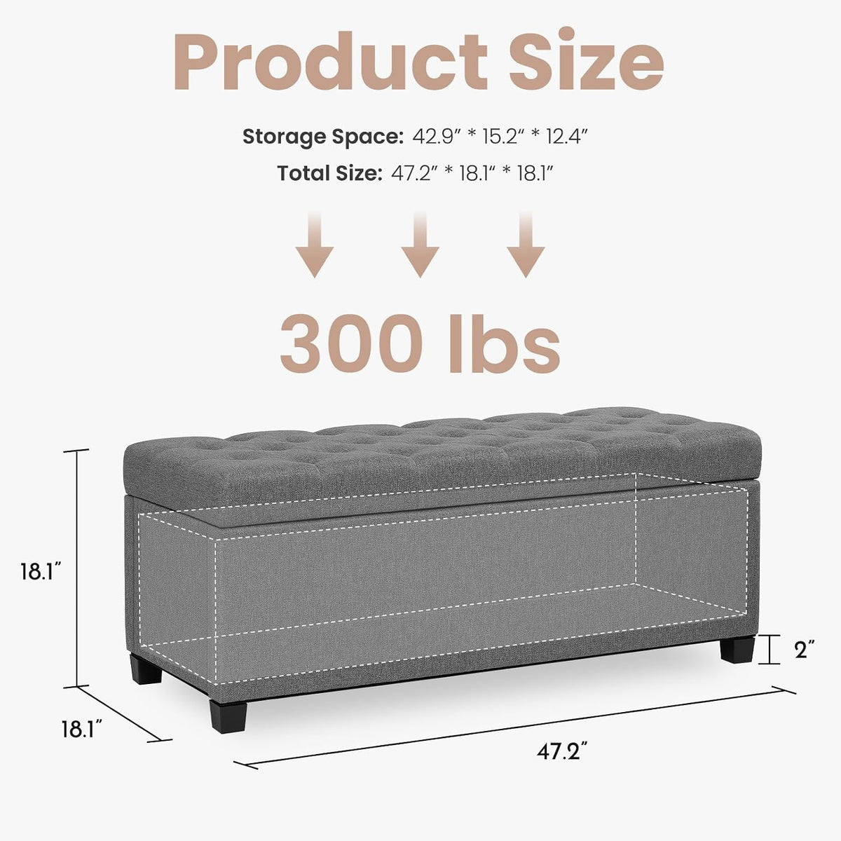 Living&Giving Storage Ottoman Bench for Bedroom, 47.2", Grey | 47.2-inch storage ottoman with safety hinge, tufted upholstered seat and spacious hidden storage for everyday organization.