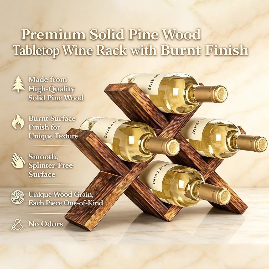 Premium Pinewood Wine Rack, Elegant 4-Bottle Countertop Wine Holder with Cross Design, Sustainable Natural Wood Wine Storage for Modern Homes, Bars & Kitchens (White)