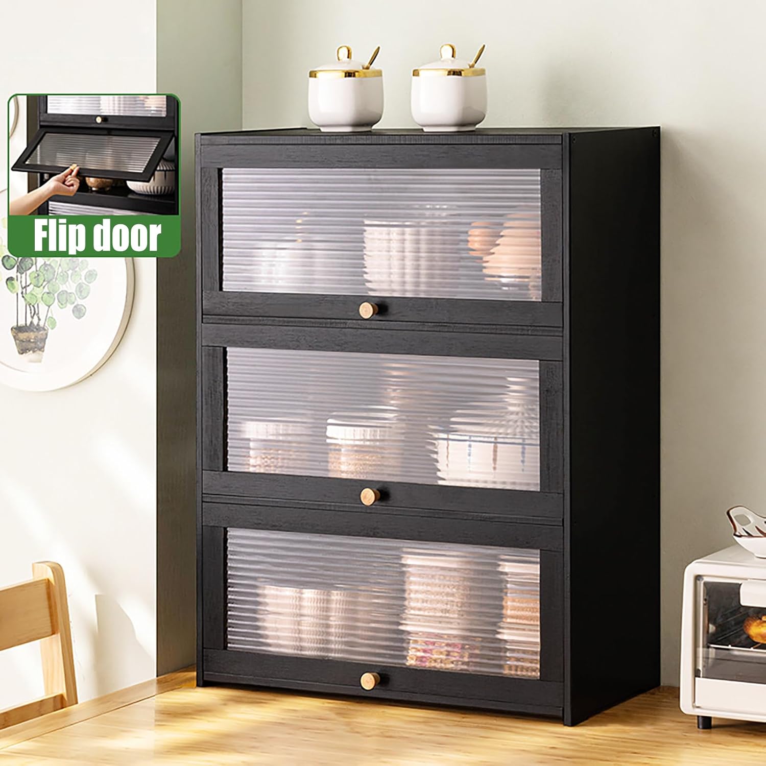 3 Tier Bamboo Kitchen Storage Shelf Countertop Cabinet Pantry, Kitchen Cabinet Spice Rack Shelf with Flip Up Doors Small Cupboard Food Pantry Cabinets