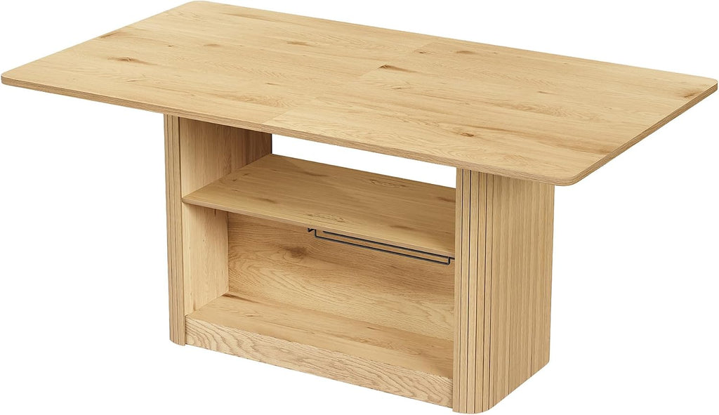 FUQARHY 63" Dining Table with Storage, Fluted Farmhouse Kitchen Table for 6 with 2-Tier Storage Shelf, Rectangular Wood Table