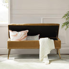 HULALA HOME Modern Velvet Storage Ottoman Bench with Gold Base & Nailhead Trim, Upholstered Bedroom Bench for End of Bed, Button-Tufted Footstool for Entryway Living Room Dining Room, Golden